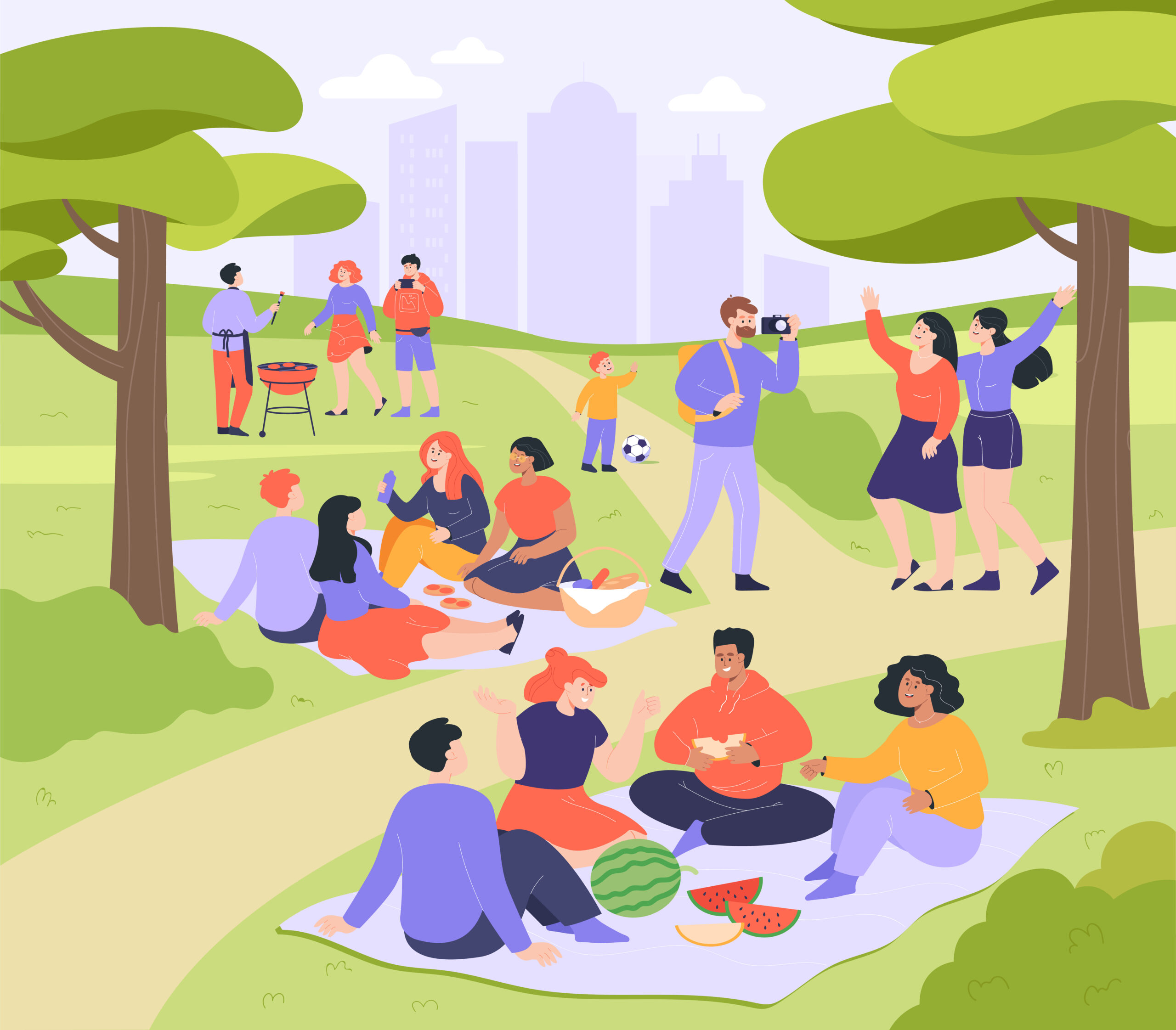 People having picnic in public park flat vector illustration