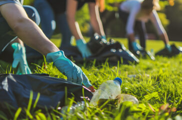 Volunteers clean up waste from a green outdoor area.