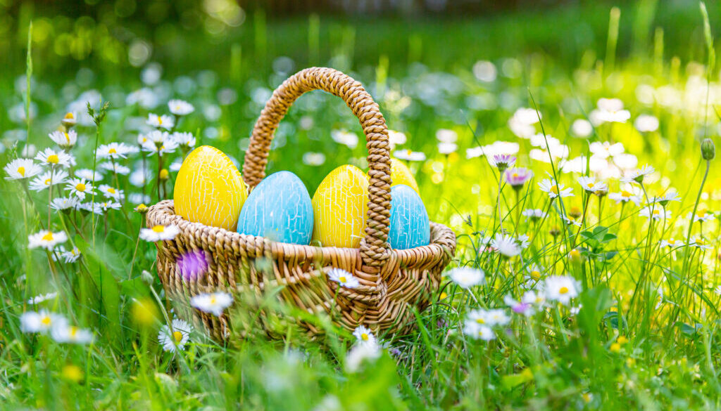 bunte Ostereier in einem Korb auf der Wiese