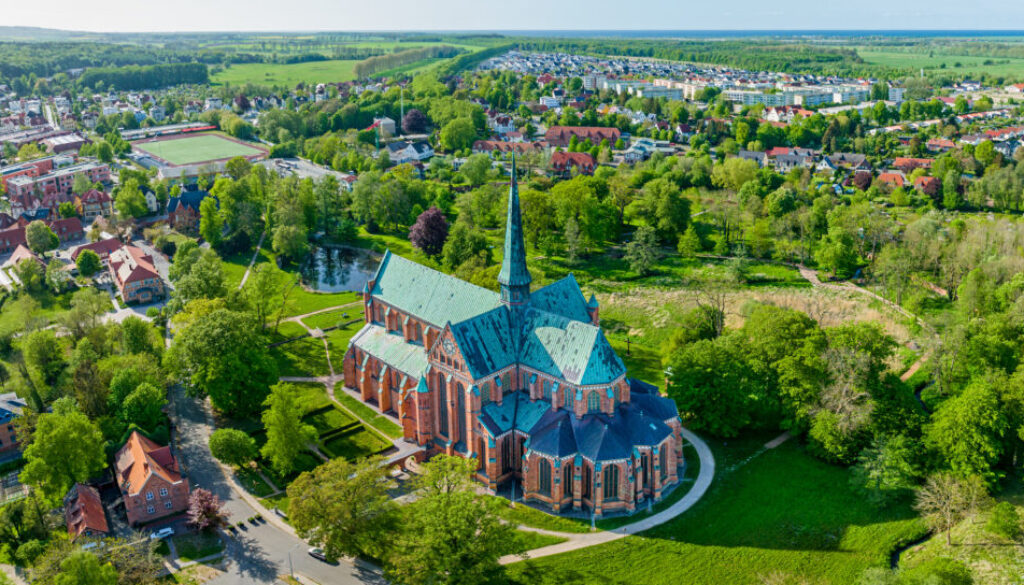 Aerial overview of Minster building and surrounding parc in Bad Doberan (Germany)