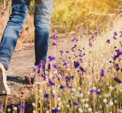 low-section-woman-walking-road-amidst-grass